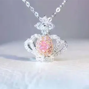 Bijoux fins à la mode 2023 personnalisé couronne diamant pendentif 18k Au750 or 0.075ct naturel véritable diamant rose collier à breloques