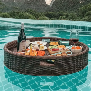 Bandeja de Almacenamiento de Ratán Tejido, Bandeja Flotante de Ratán con Asas, Bandeja de Servicio para Piscina, Flotadores para Adultos, para Comida y Desayuno - Product Image 3