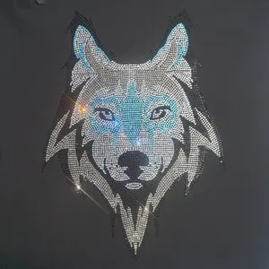 Good quality shiny wolf head rhinestones custom wholesale iron on transfers wolf pattern