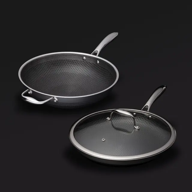 30 cm Hybrid Pan & Wok with 30 cm Lid Set Honeycomb Stainless Steel Non-stick Wok Frying Pan Cookware With Glass Lid