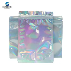 Laminated aluminum foil rainbow hologram laser film custom printing food bag with zipper 3 side sealed