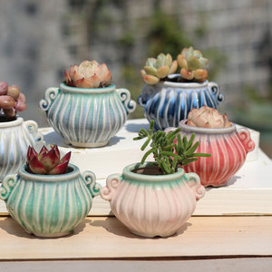 Pot de fleurs <span class=keywords><strong>en</strong></span> céramique respirant de style chinois, avec finition craquelée, pour plantes succulentes, format pouce, à deux poignées - Product Image 2