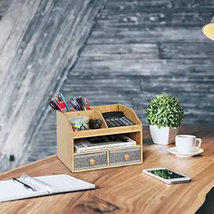 Organizador de escritorio ajustable de 3 niveles Organizador de espacio de trabajo de bambú con cajones de almacenamiento