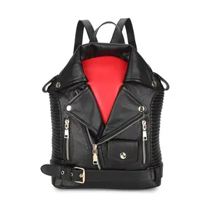 Personality collar bag for women and men quality backpack black with red color fashion designer backpack punk handbags 28 cm