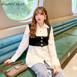 Camisa Blanca para Mujer Happy Hut con Chaleco Negro de Punto, Cuello Cuadrado, Corte Holgado, Tela Oxford, Talla Grande - Product Image 2