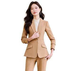 Women's Khaki Suit <b>Set</b> Full Sleeve Polyester Worsted Anti-Wrinkle <b>Office</b> Lady Autumn Workwear - Product Image 5