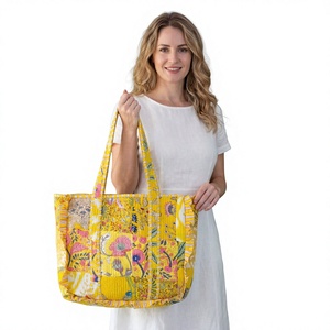 Designer yellow <b>patchwork</b> quilted tote <b>bag</b> with frill pure cotton reusable fashion shopping shoulder carry handbag premium quali - Product Image 1