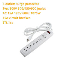 Multiprise intelligente blanche certifiée ETL 15A avec double port USB, protection contre les surtensions et les surcharges, 6 prises CA pour dortoir et chambre à coucher