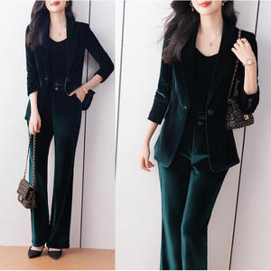 Women Velvet Suit Set Three Quarter Sleeve Anti-Wrinkle Office Lady Daily Commute Work Wear - Product Image 1