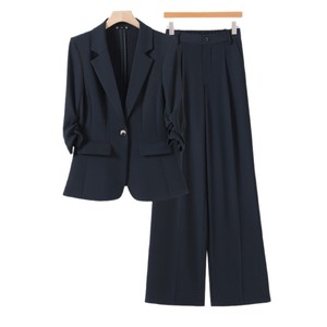 Women's Light Blue Suit Set Three Quarter Sleeve Blazer And Trousers Formal Workwear For Commute Spring Summer Autumn - Product Image 5