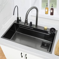Nouveau design, évier de cuisine cascade noir en acier inoxydable à encastrer, cuve unique, avec robinet – Vente chaude