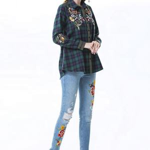 Ropa Casual para Mujer 2023, Camisa a Cuadros con Bordado de Manga Larga, Blusas y Tops para Mujer, S-04, Liso Teñido, Poliéster/Algodón, Corte Regular - Product Image 3