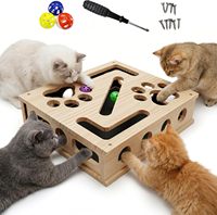 Boîte d'enrichissement interactive pour chat, grande boîte à griffoir en bois massif avec papier de verre et balles, jouet interactif pour chats d'intérieur