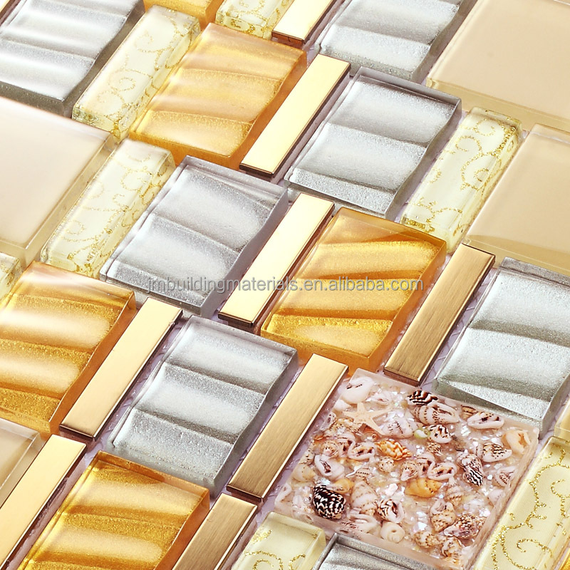 crystal glass mosaic tile resin with conch tiles gold stainless steel tiles kitchen backsplash