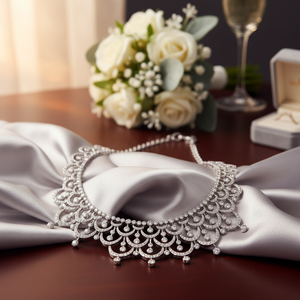 Collier de mariée en or blanc 18 carats avec de vrais diamants taillés en brillant, bijoux de mariage élégants et lourds - Product Image 3