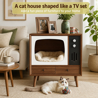 Maison pour chat en bois en forme de téléviseur rétro, table d'appoint multifonctionnelle pour humains et animaux, avec tiroir de rangement multi-niveaux