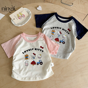 <span class=keywords><strong>T</strong></span>-<span class=keywords><strong>shirt</strong></span> d'é<span class=keywords><strong>t</strong></span>é pour bébé fille, col rond, manches courtes, coton, imprimé dessin animé, respirant, version coréenne - Product Image 1