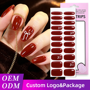 Custom OEM ODM Deep Wine Red Solid Color White Bow Knot Glossy Long Lasting Non-toxic UV Free Gel Nail Wraps for Salon Manicure - Product Image 1