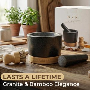 Ensemble mortier et pilon robuste en pierre de granit avec base stable en bambou, pilon extra long - Product Image 6