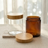 Kemasan Kosong Kustom 50ml 100ml 150ml 250ml 500ml Wadah Lilin Bulat Kaca Bening/Amber Dengan Tutup Bambu