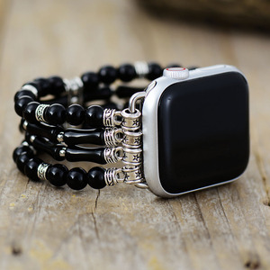 Correa elástica con cuentas de ágata negra para Apple Watch, banda de piedra natural de varias capas, accesorio de moda para reloj inteligente - Product Image 2