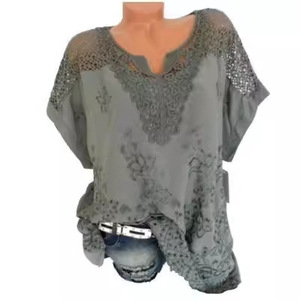 Blusa de Verano de Manga Corta para Mujer, Holgada, con Encaje Blanco y Parches Florales, Top Informal con Estampado Floral en Tallas Grandes - <span class=keywords><strong>4XL</strong></span> <span class=keywords><strong>5XL</strong></span> - Product Image 3