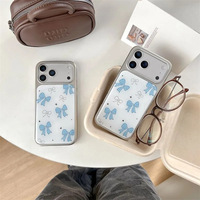 Coque arrière bleue style coréen avec nœud pour iPhone 17 13 11 Pro Max, coque de téléphone électroplaquée à bord argenté pour iPhone 18 Pro
