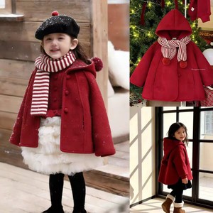 Tongxingyuan Red Hooded Wool <b>Coat</b> For Girls Thick <b>Winter</b> Outerwear With Pom Poms Christmas Outfit - Product Image 3