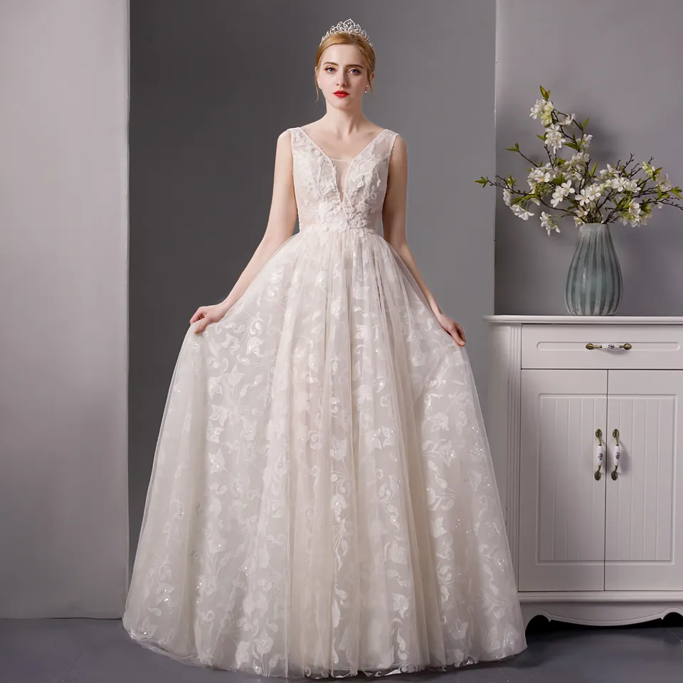 SL6078 elegant boho wedding dresses 2020 appliqued illusion 3d floral luxury v neck bridal ball gown wedding dress with beading