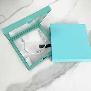 Özel baskılı Logo kapaklı çekmece mavi yüzük kolye bilezik takı depolama ambalaj kutusu temizle takı ambalaj kutusu