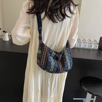 Tas Selempang Wanita Vintage, Model Resleting, Tali Tunggal, Kanvas Etnik, Tas Selempang untuk Wanita