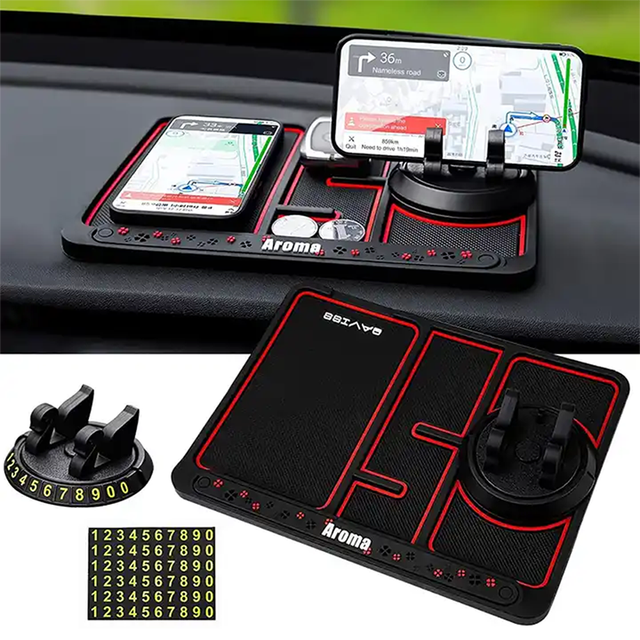 YTGEE 4 in 1 Multi-functional Silicone Deep Trey Washable Mobile Phone Car Dashboard Anti Slip Mat with Aroma Stick Number Plate