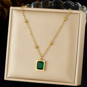 Geometric Square Pendant Gold Plated Stainless Steel Chain Necklace Green Stone Bezel Setting Daily Wear Gift Jewelry - Product Image 1