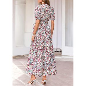Robe longue d'été pour femme, style bohème, à fleurs, manches courtes, col en V, coupe trapèze, tenue décontractée pour la plage et les vacances - Product Image 4