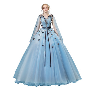 Evening Gown Ball Gown <b>Light</b> Blue Chiffon V <b>Neck</b> Empire Waist Floral Print Long Dress For Women Performance Stage Wear - Product Image 5