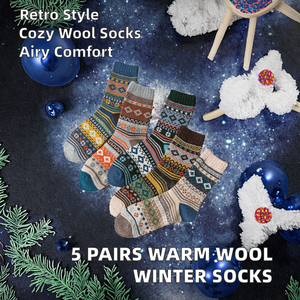 5 जोड़े लुभावनी गर्म ऊन कपास के चालक दल मोटी नरम विंटेज सर्दियों महिला नौट मोजे - Product Image 2