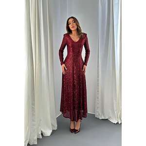 Robe de soirée bordeaux sans dos à sequins, taille empire, longueur ras du sol, manches courtes, à volants, scintillante, taille XS, vente en gros - Product Image 5