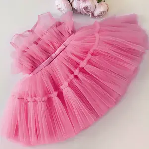 Vestido de chiffon babado para meninas, venda por atacado, cor sólida, rosa