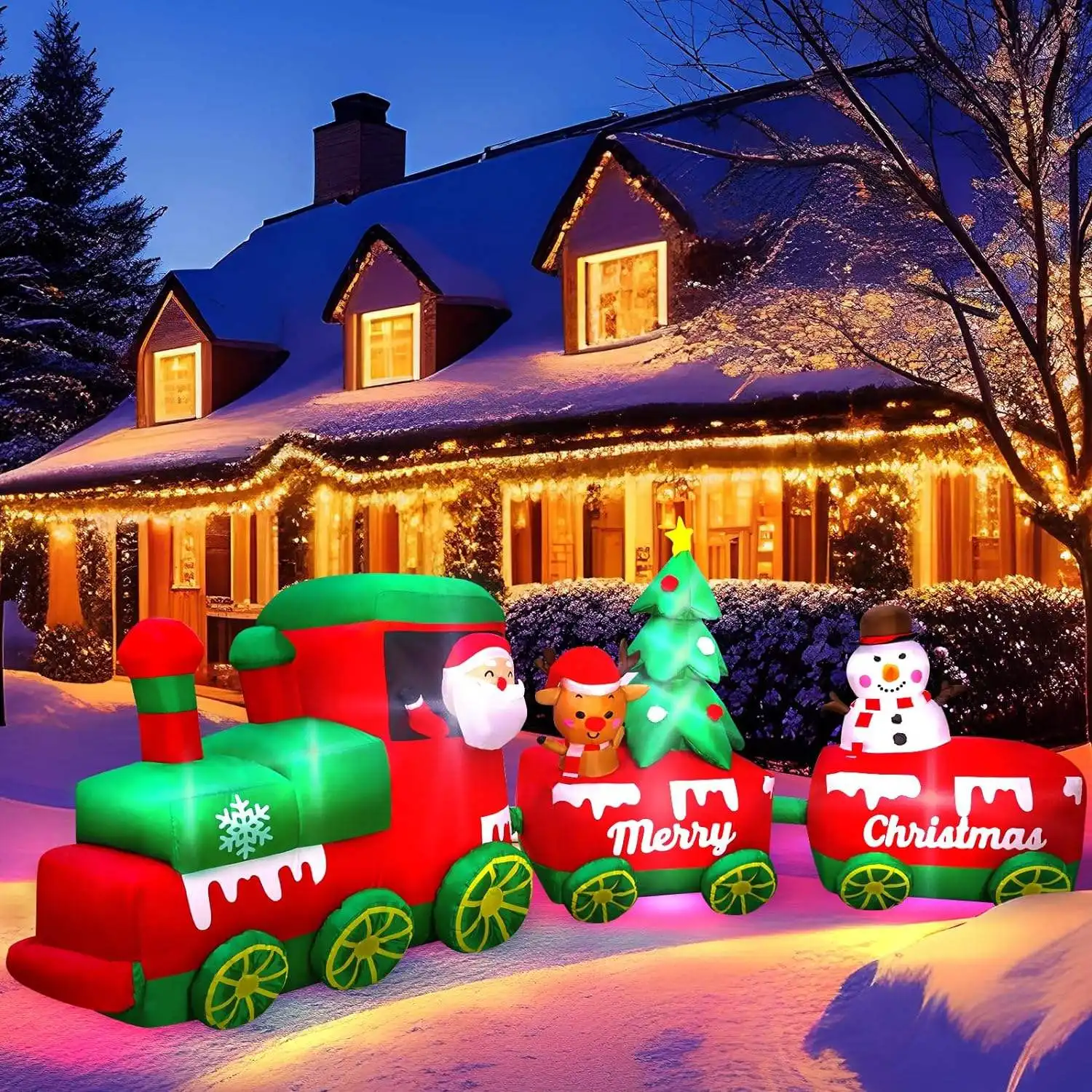 На заказ 10,7 футов рождественские надувные поезда с Санта-Клаусом олень Снеговик наружные украшения Рождественские надувные украшения