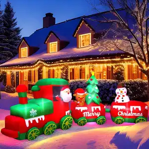רכבת מתנפחת לחג המולד מותאמת אישית 10.7 רגל עם סנטה קלאוס איילי איש שלג קישוטי חוץ קישוט מתנפח לחג המולד