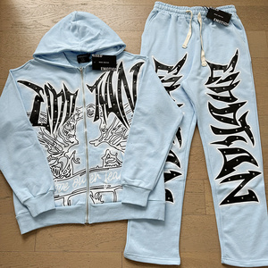 MIXED EMOTION T-shirts Top Quality Heavyweight 100% Cotton High Street Diamond Pure Cardigan Zipper Hoodie Set para hombres y mujeres - Product Image 1