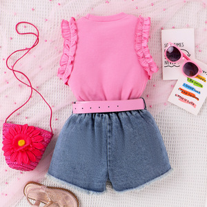 4-7Y <strong>Kids</strong> Clothes Girls Lace Sleeveless Top Star <strong>Sequin</strong> Denim <strong>Shorts</strong> With Belt 2Pcs Children Set Pink Summer Clothing for Girls - Product Image 3