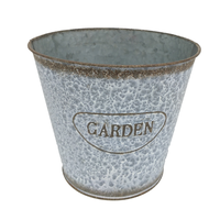 Pot de fleurs vintage en fer galvanisé moucheté, seau en métal avec lettres GARDEN en relief, pot en étain conique blanc vieilli