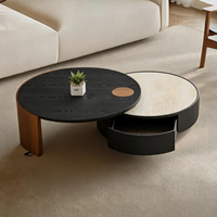 Table basse ronde moderne avec plateau en pierre frittée travertin, tiroir unique et rotation à 360° °   Plateau rotatif en placage de bois noir