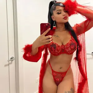 Hot Sale 3 Piece Set Long Mesh Feather Robe with Fur Women Lingerie Transparent Erotic Sexy FLoral Lace Bra & Brief Underwear
