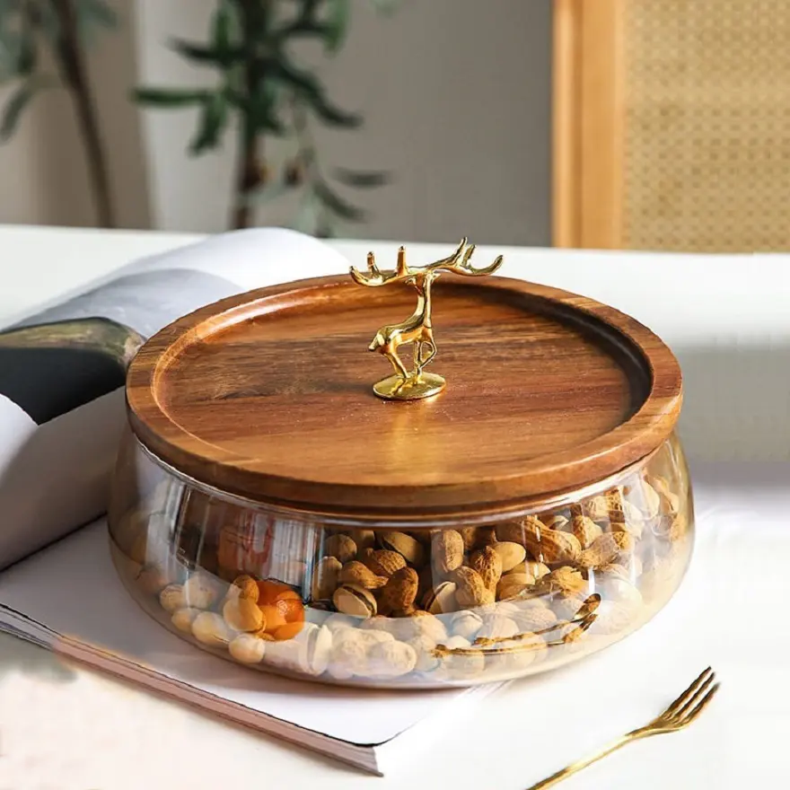 Hot sale Nordic Golden Deer glass fruit bowl coffee table snack storage box with lid candy nut dried fruit tray