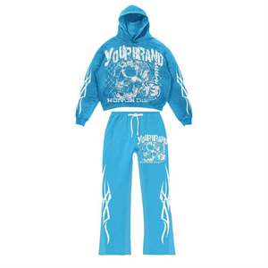 Alta calidad Otoño Invierno desgastado personalizar impresión algodón 2 piezas hombres Sudadera con capucha Jogger chándales conjunto - Product Image 1