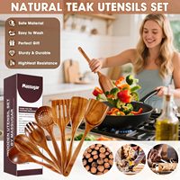 Ensemble de 9 cuillères de cuisine et ustensiles de cuisine en teck naturel de grande marque et durable