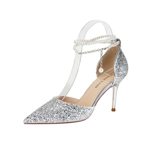 6692-15 Zapatos de Novia con Cristales Brillantes, Punta Puntiaguda, Tacón de Aguja, con Correa de Cadena de Perlas, Sandalias de Tacón Alto para Mujer - Product Image 5