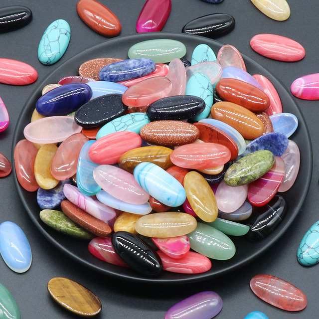 15x30mm Natural Gemstone Oval Cabochon Flat Back Loose Stone Waterproof Geometric Design for Jewelry Setting DIY Accessories